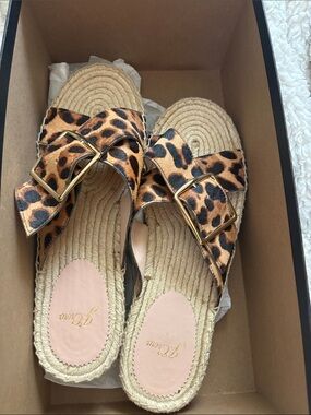 J. Crew Leopard Print Espadrille Slide Sandals with Gold Buckle